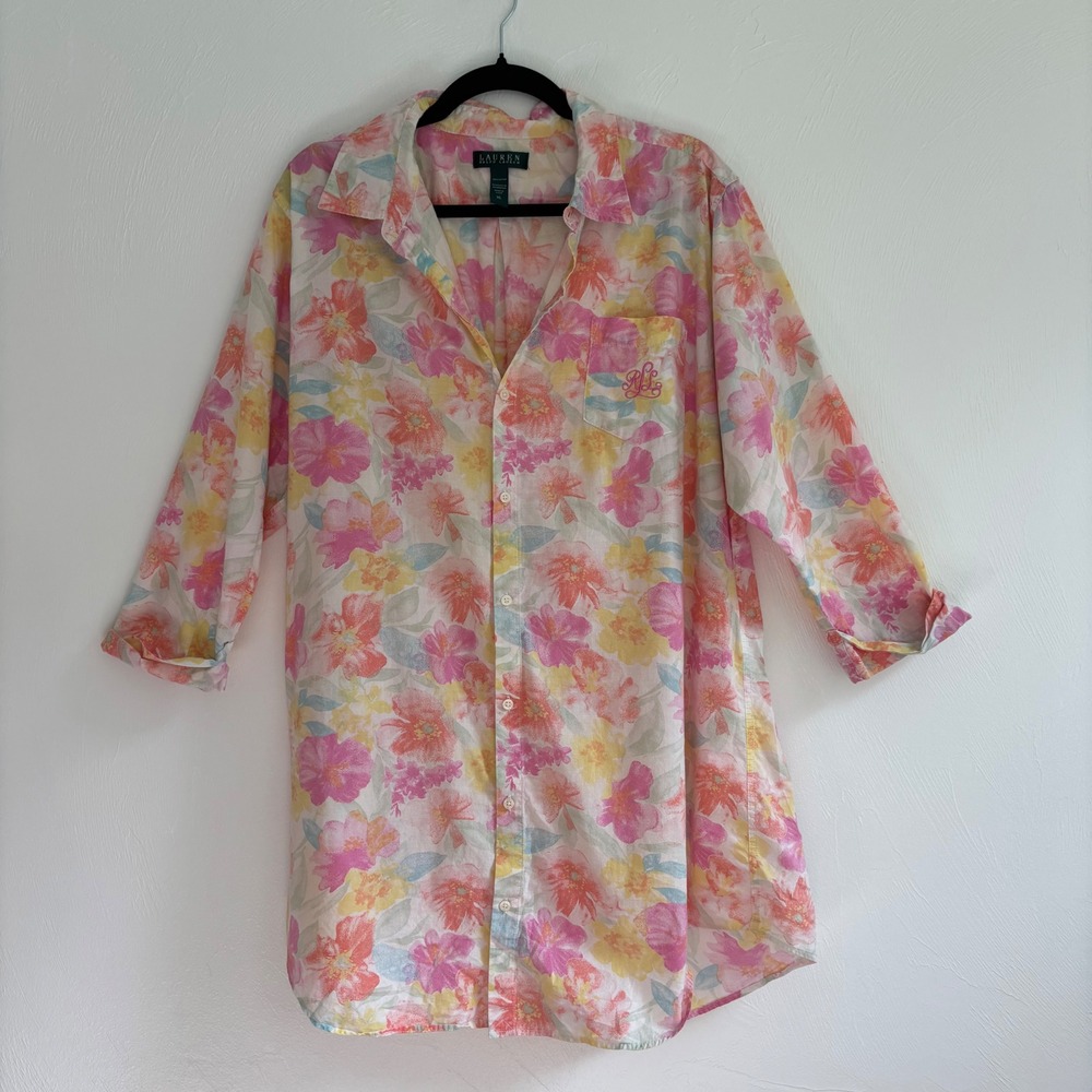 Lauren Ralph Lauren XL‎ Nightshirt Monogram Button Up Pajama Shirt Cotton Floral